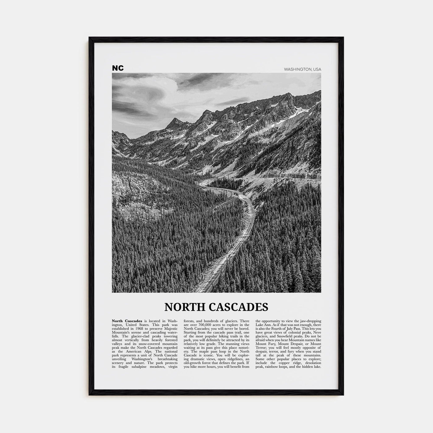 North Cascades National Park Poster Black Wood / 8x12 in Nbourhood Travel B&W Poster