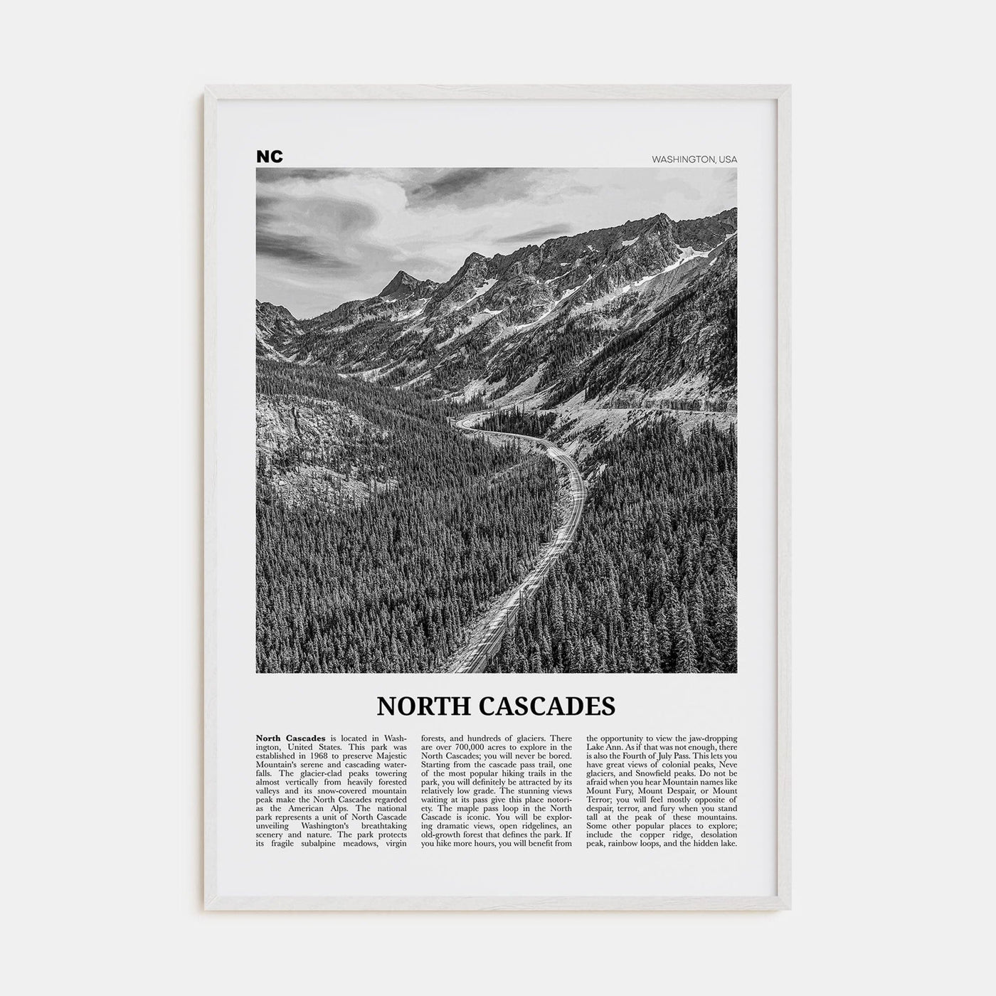 North Cascades National Park Poster White Wood / 8x12 in Nbourhood Travel B&W Poster