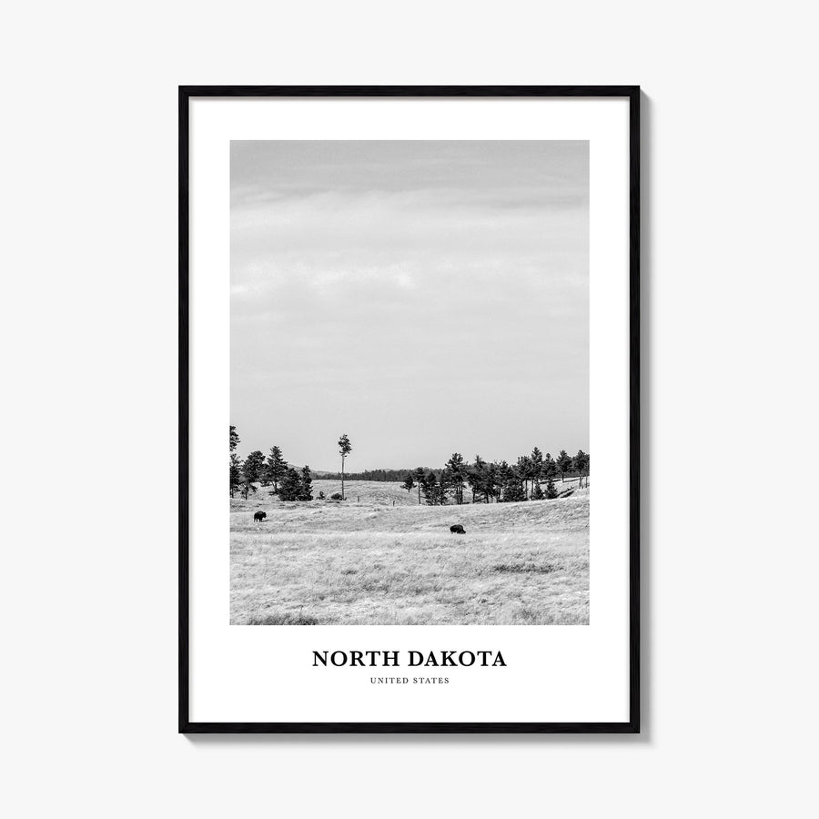 North Dakota black & white classic poster of United States – vertical wall art, unframed print shown in interior mockup
