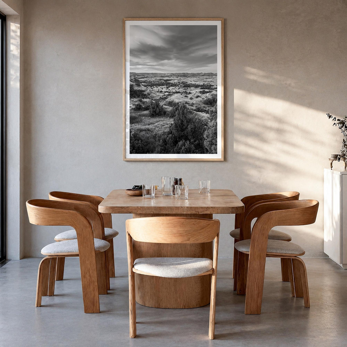 North Dakota black & white photo poster of United States – vertical wall art in natural wood frame with white border, hanging