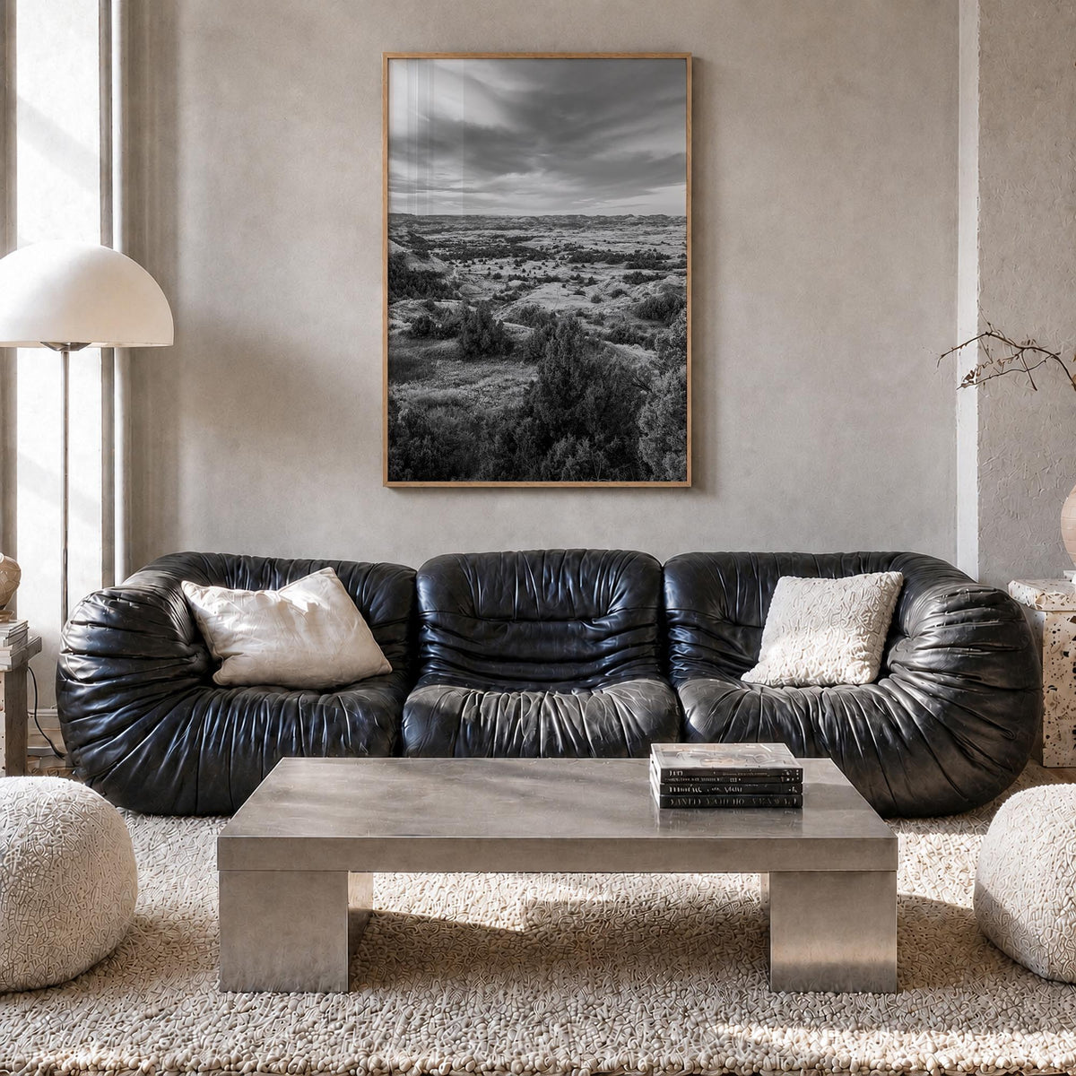 North Dakota black & white photo poster of United States – vertical wall art in natural wood frame, hanging on wall