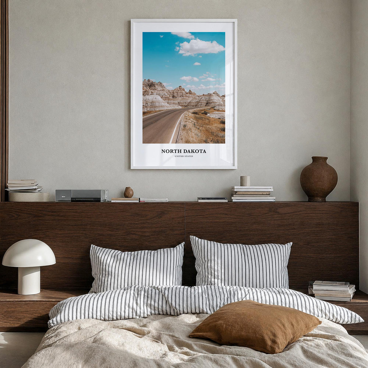 North Dakota colorful classic poster of United States – vertical wall art in white wood frame, hanging on wall