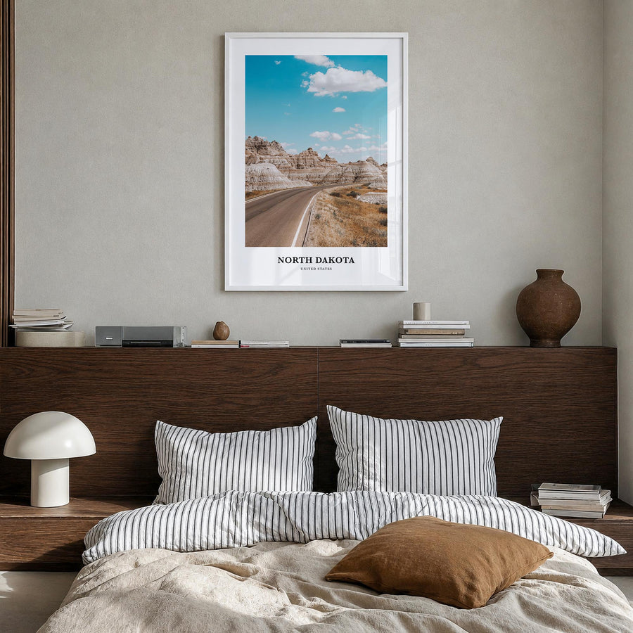 North Dakota colorful classic poster of United States – vertical wall art in white wood frame, hanging on wall