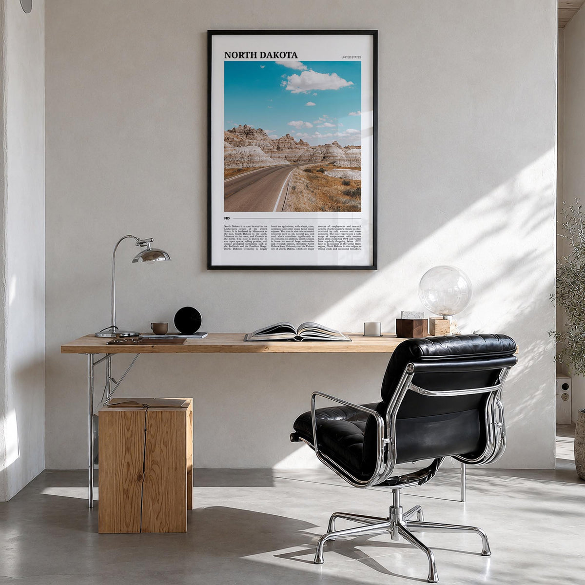 North Dakota colorful travel poster of United States – vertical wall art in black wood frame, hanging on wall