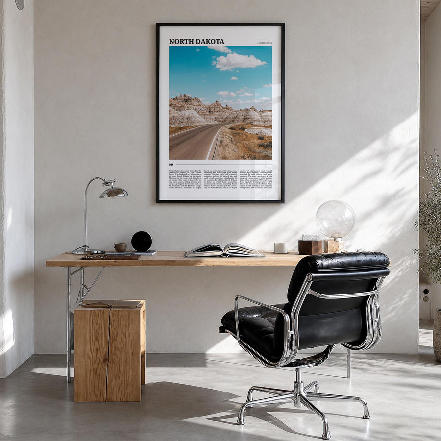North Dakota colorful travel poster of United States – vertical wall art in black wood frame, hanging on wall