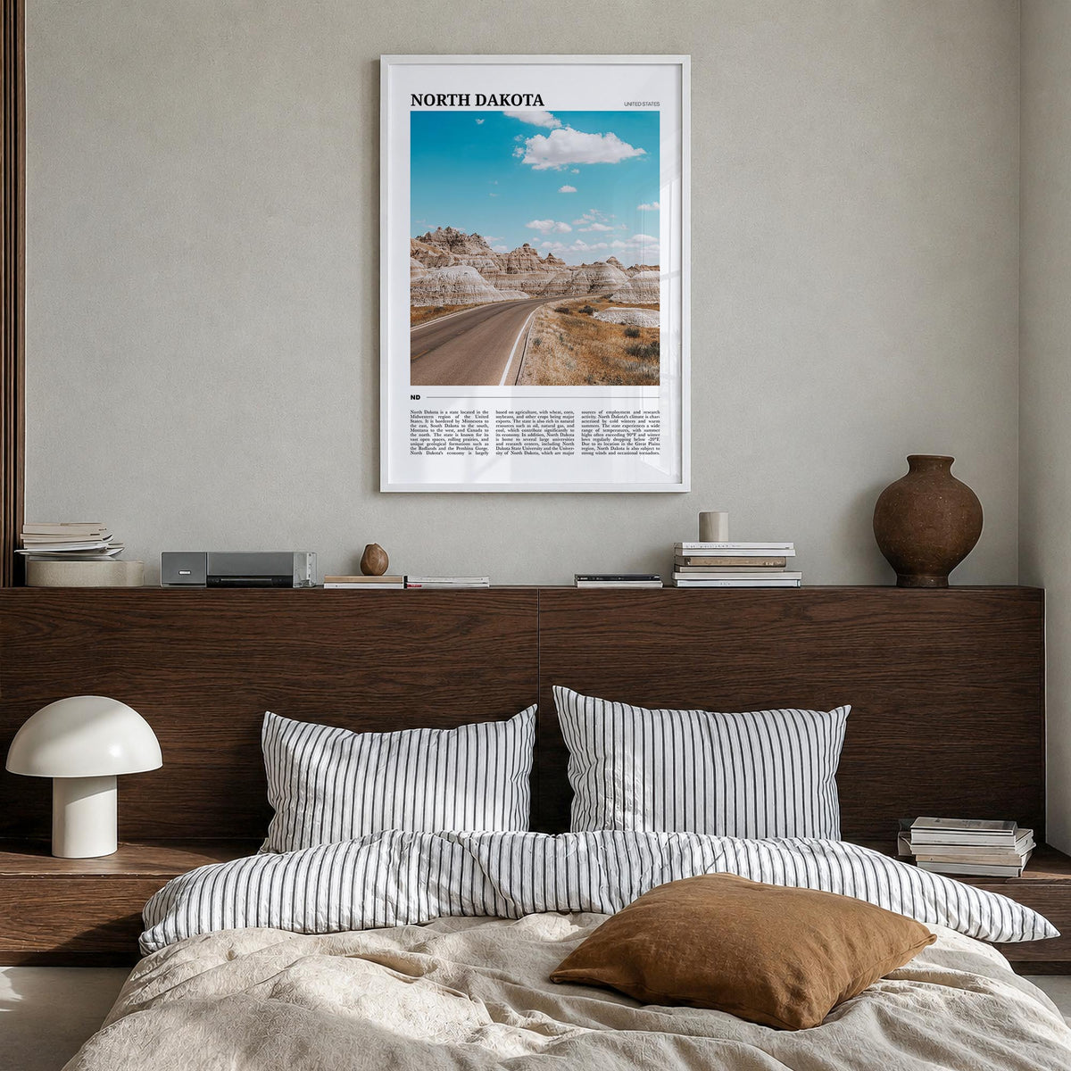 North Dakota colorful travel poster of United States – vertical wall art in white wood frame, hanging on wall