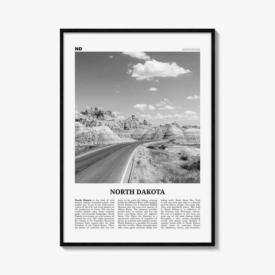 North Dakota no. 1 black & white newspaper poster of United States – vertical wall art, unframed print shown in interior mock