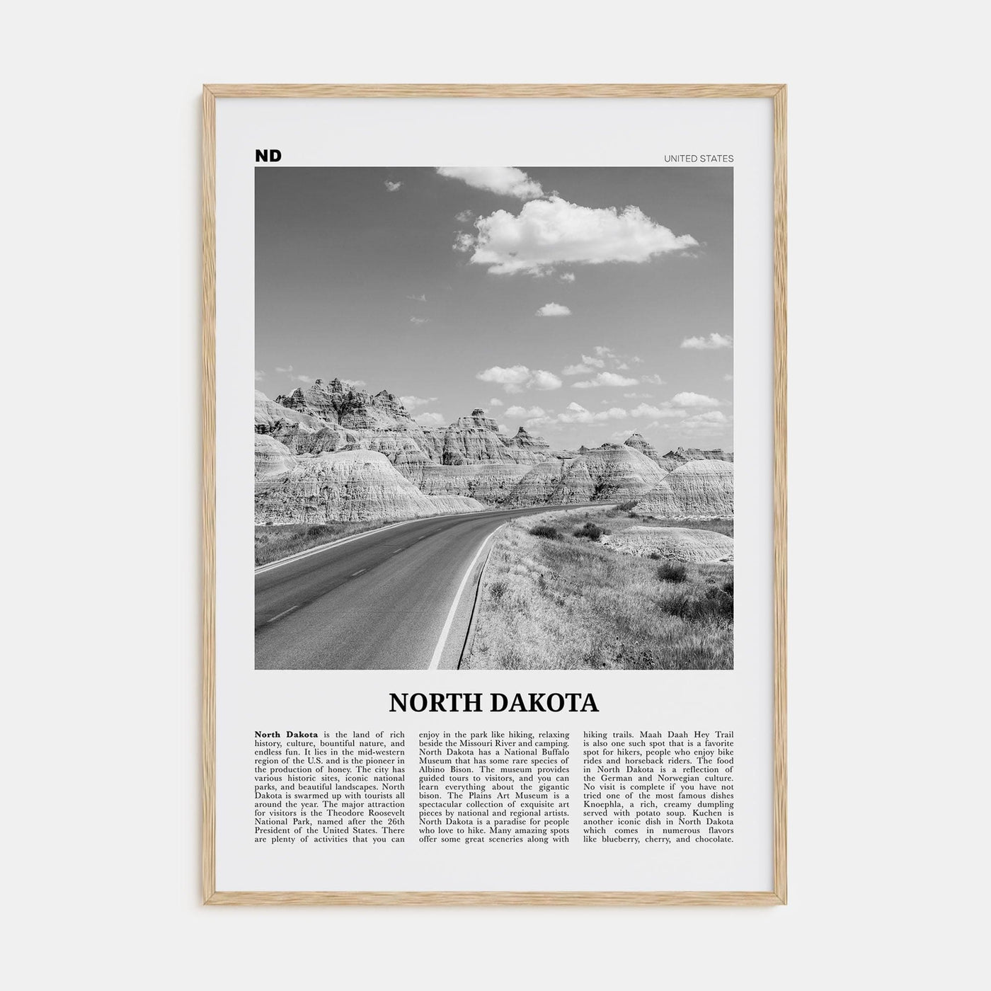 North Dakota No 1 Poster Natural Wood / 8x12 in Nbourhood Travel B&W Poster