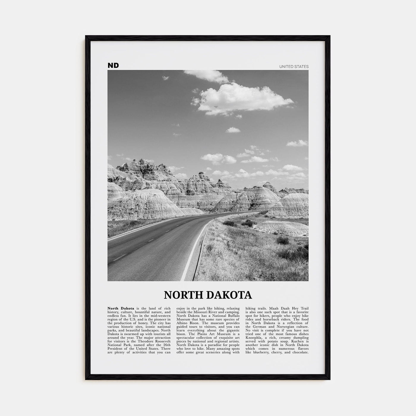 North Dakota No 1 Poster Black Wood / 8x12 in Nbourhood Travel B&W Poster