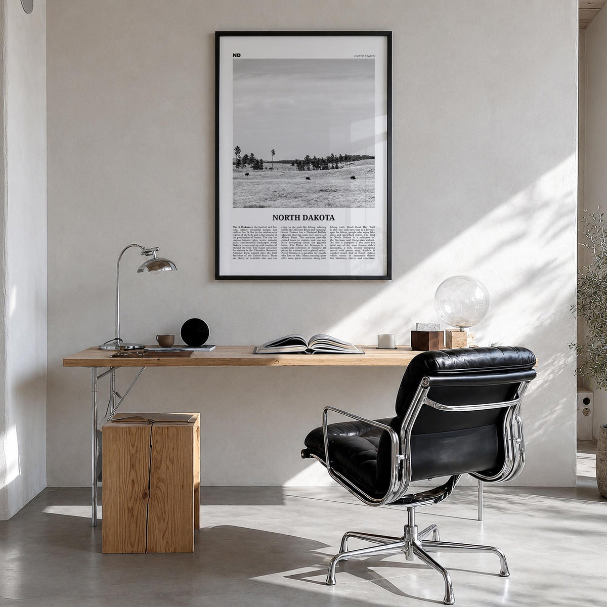 North Dakota no. 2 black & white newspaper poster of United States – vertical wall art in black wood frame, hanging on wall