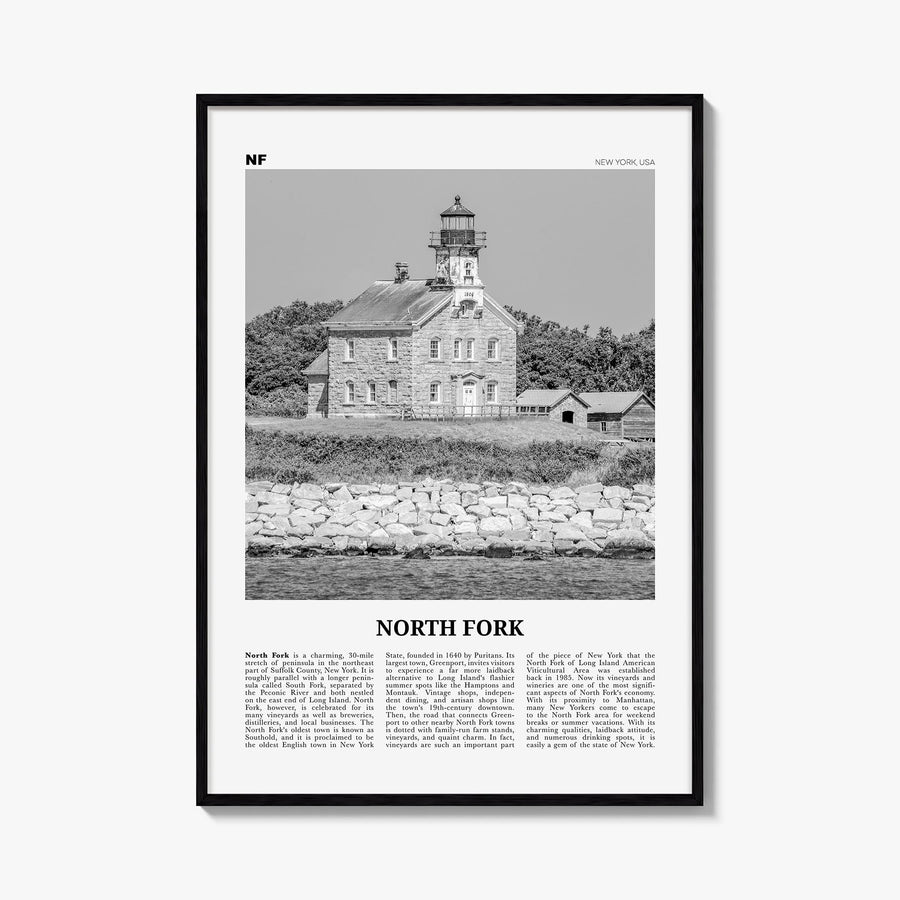 North Fork black & white newspaper poster of New York, USA – vertical wall art, unframed print shown in interior mockup