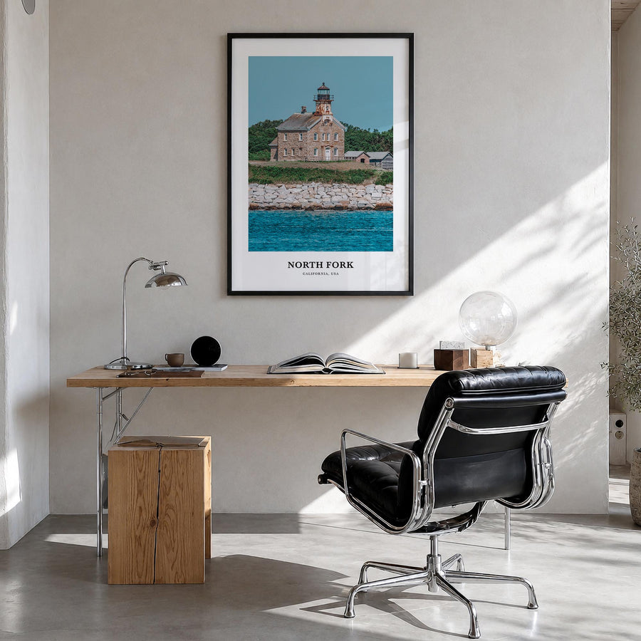 North Fork colorful classic poster of California, USA – vertical wall art in black wood frame, hanging on wall