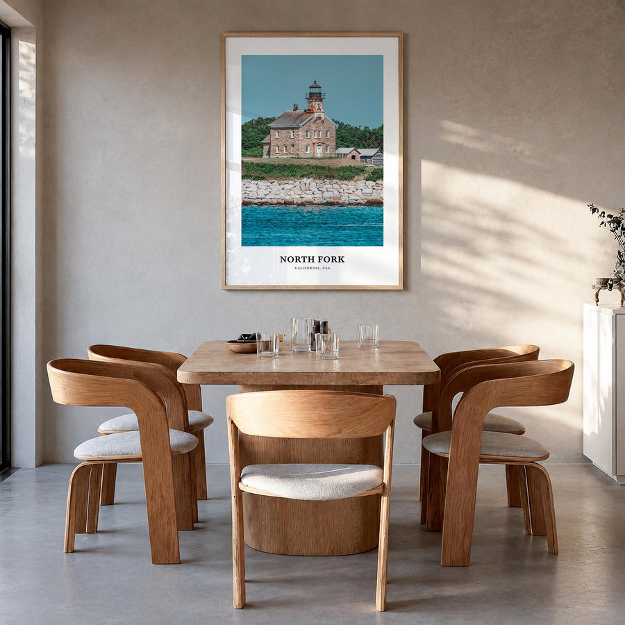 North Fork colorful classic poster of California, USA – vertical wall art in natural wood frame, hanging on wall