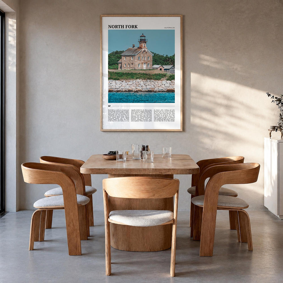 North Fork colorful travel poster of California, USA – vertical wall art in natural wood frame, hanging on wall