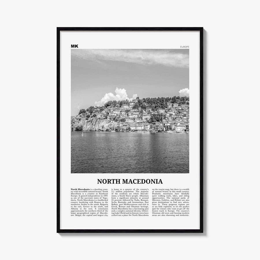 North Macedonia black & white newspaper poster of Europe – vertical wall art, unframed print shown in interior mockup
