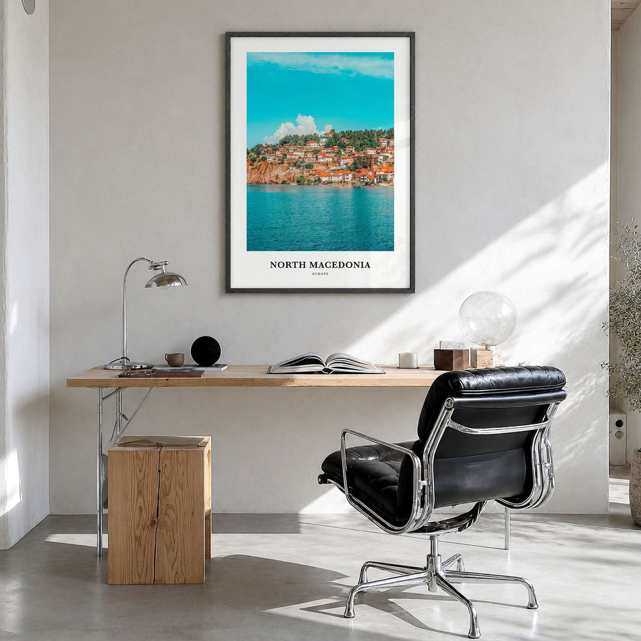 North Macedonia Classic Poster in a black wood frame, hanging in a bright home office