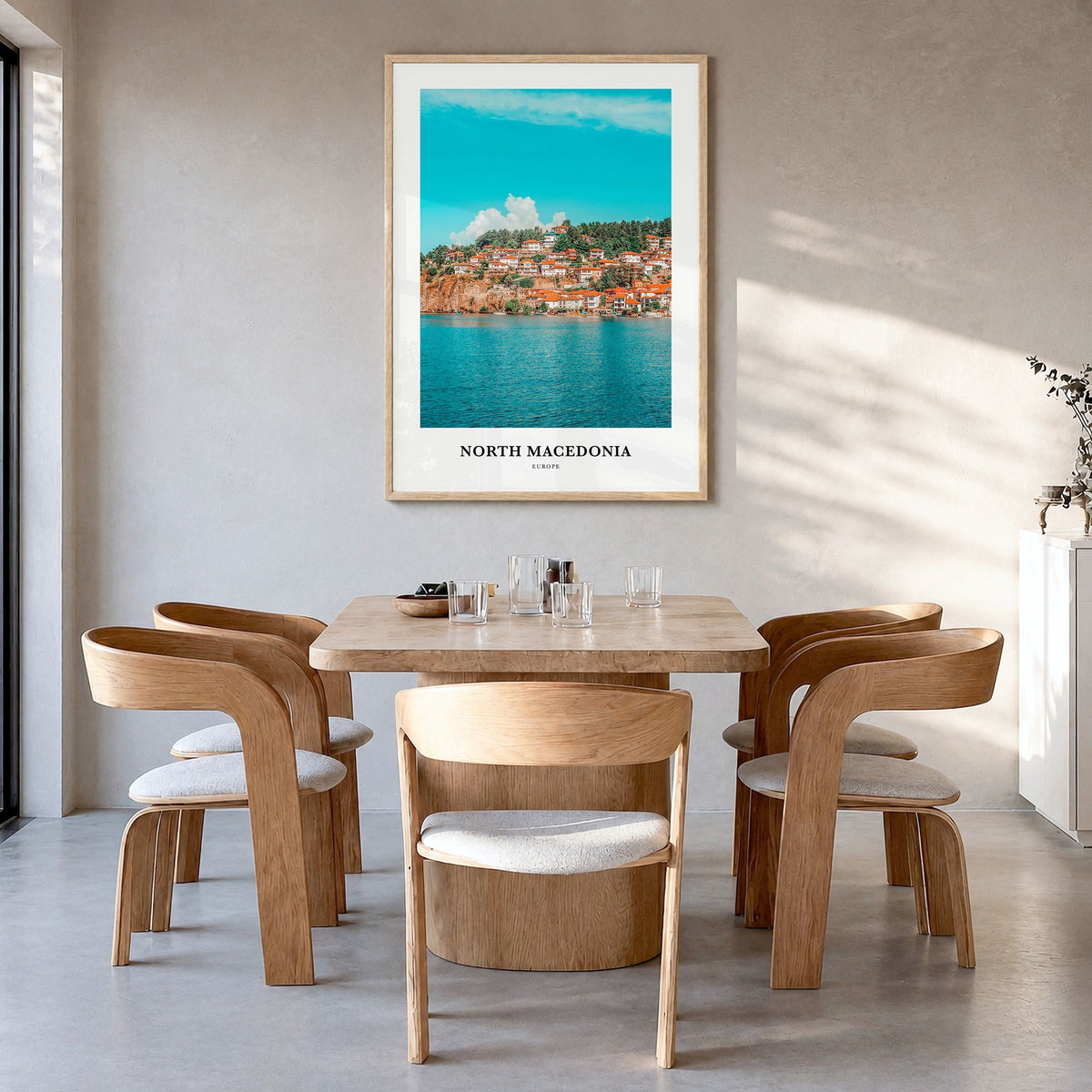 North Macedonia Classic Poster in a natural wood frame, hanging in a dining room