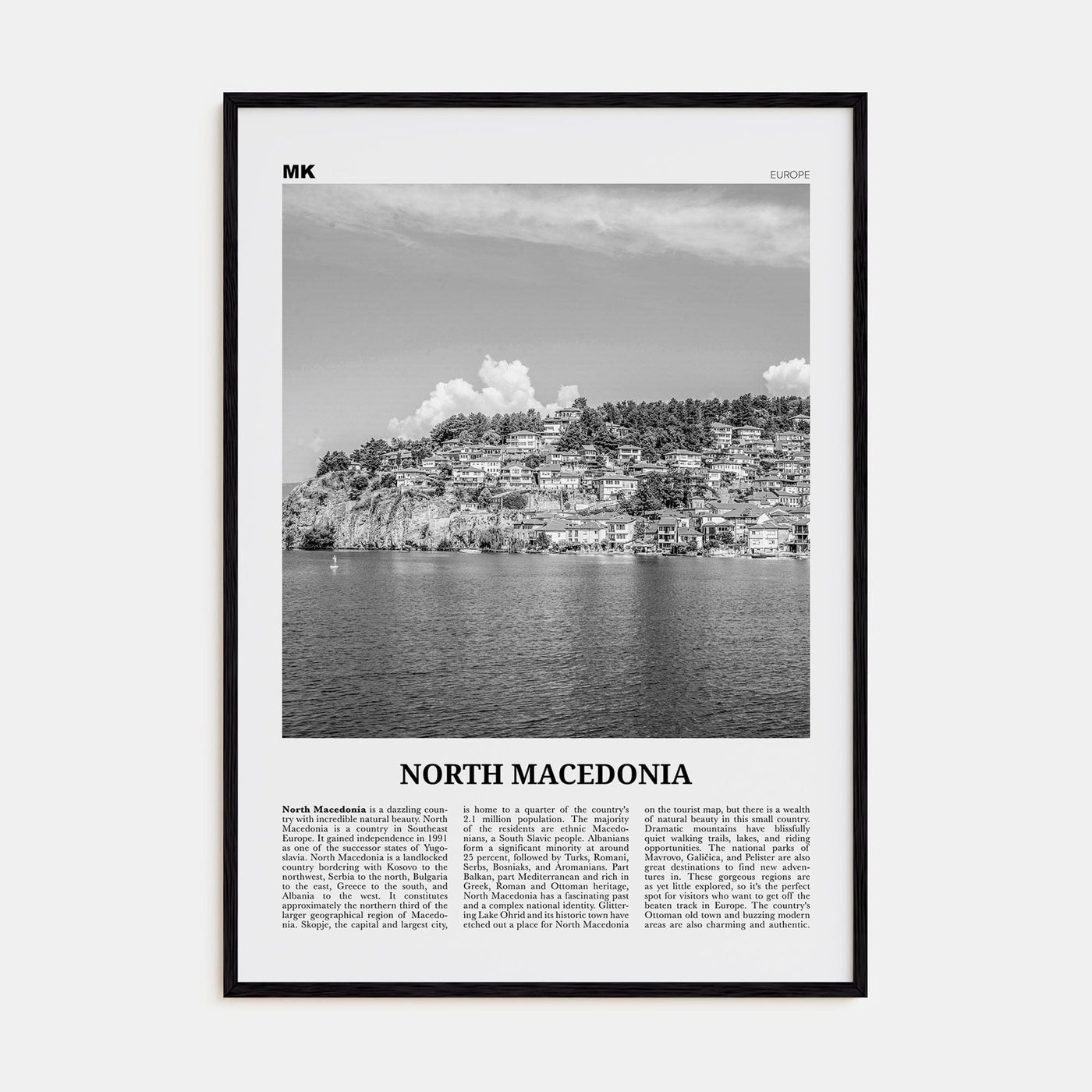 North Macedonia Poster Black Wood / 8x12 in Nbourhood Travel B&W Poster