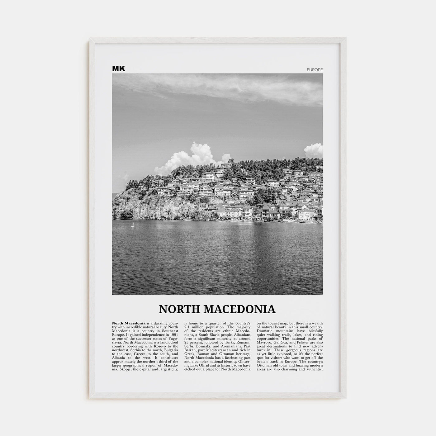 North Macedonia Poster White Wood / 8x12 in Nbourhood Travel B&W Poster