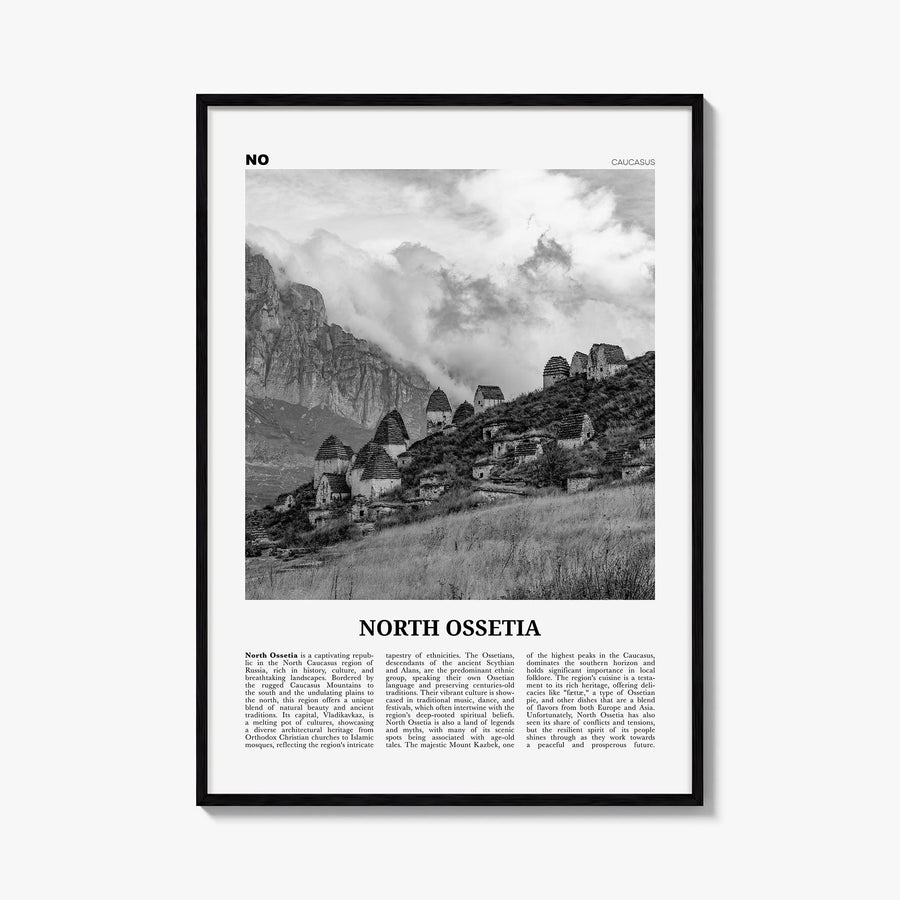 North Ossetia black & white newspaper poster of Russia – vertical wall art, unframed print shown in interior mockup