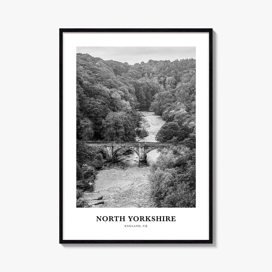 North Yorkshire black & white classic poster of England, UK – vertical wall art, unframed print shown in interior mockup