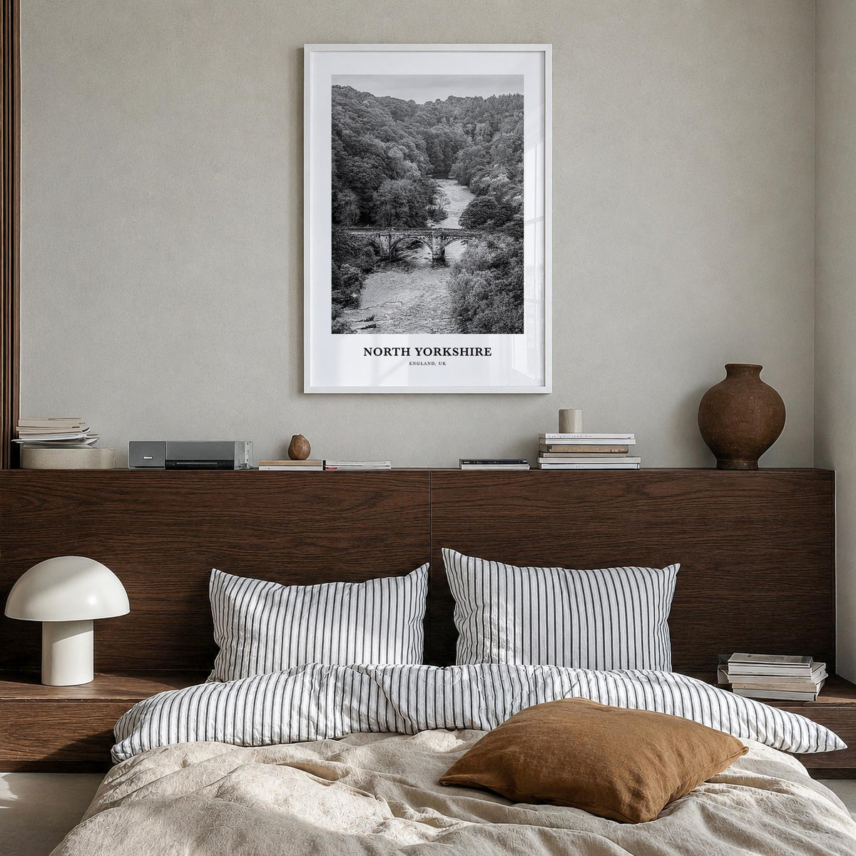 North Yorkshire black & white classic poster of England, UK – vertical wall art in white wood frame, hanging on wall