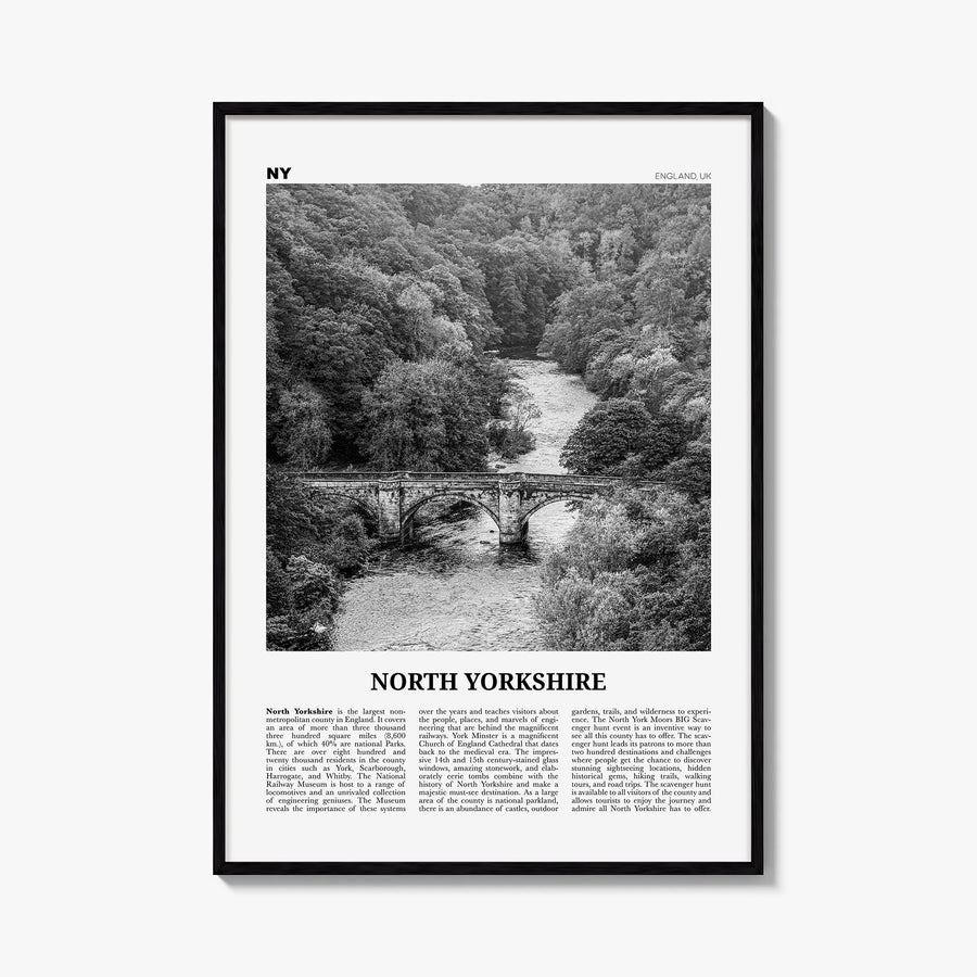 North Yorkshire black & white newspaper poster of England, UK – vertical wall art, unframed print shown in interior mockup