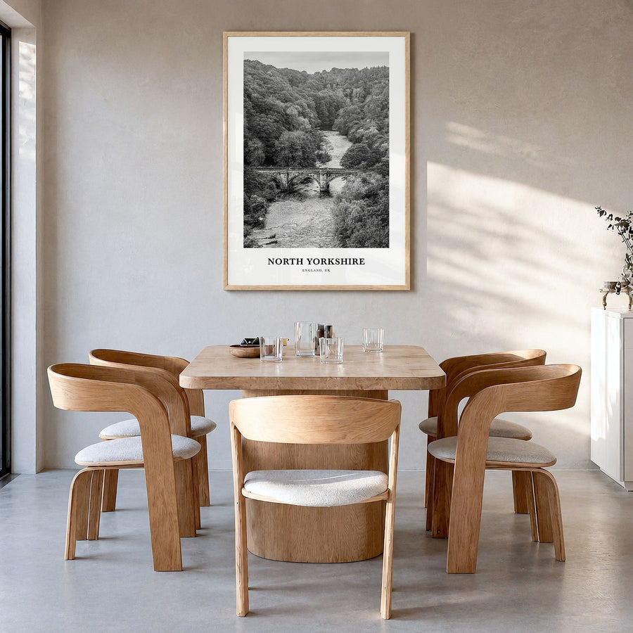 North Yorkshire Classic Poster in a natural wood frame, hanging in a dining room