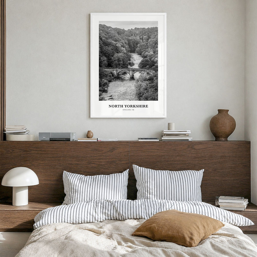North Yorkshire Classic Poster in a white wood frame, hanging in a bedroom