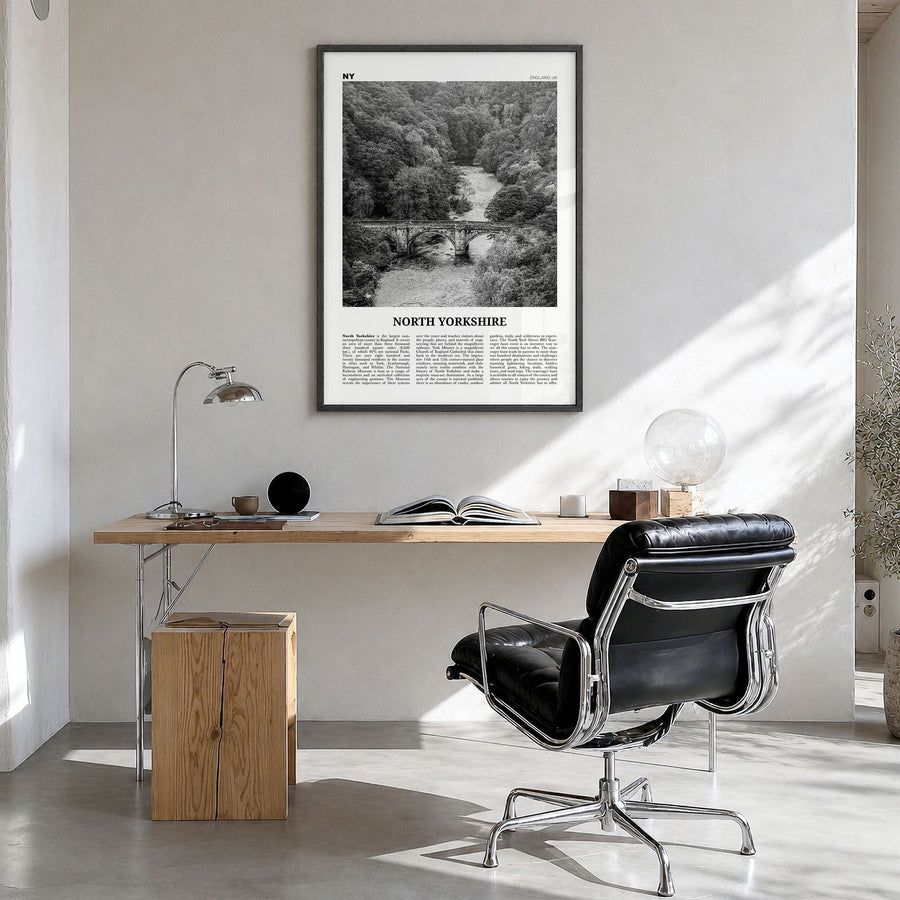 North Yorkshire Newspaper Poster in a black wood frame, hanging in a bright home office