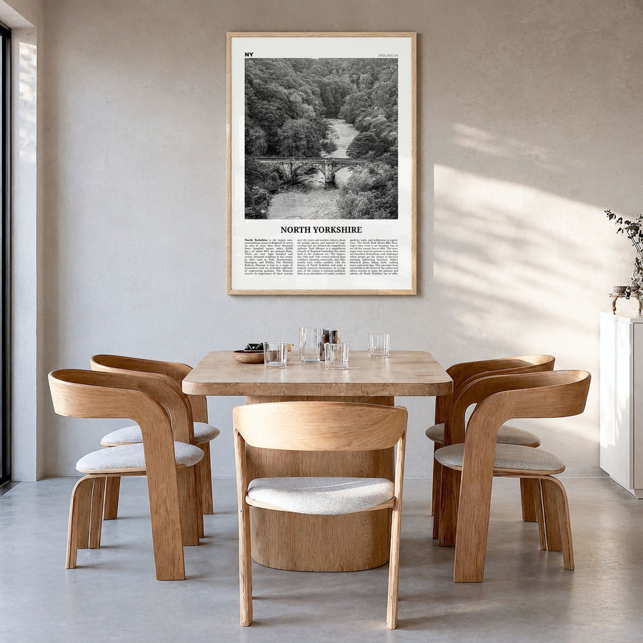 North Yorkshire Newspaper Poster in a natural wood frame, hanging in a dining room