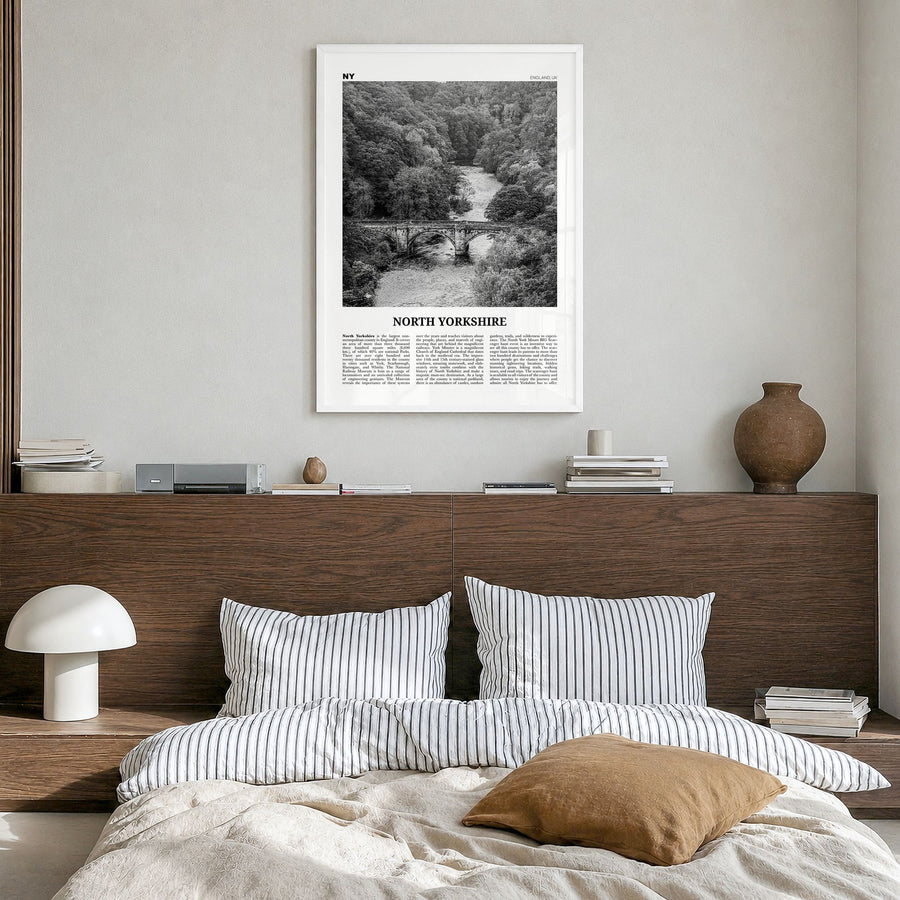 North Yorkshire Newspaper Poster in a white wood frame, hanging in a bedroom