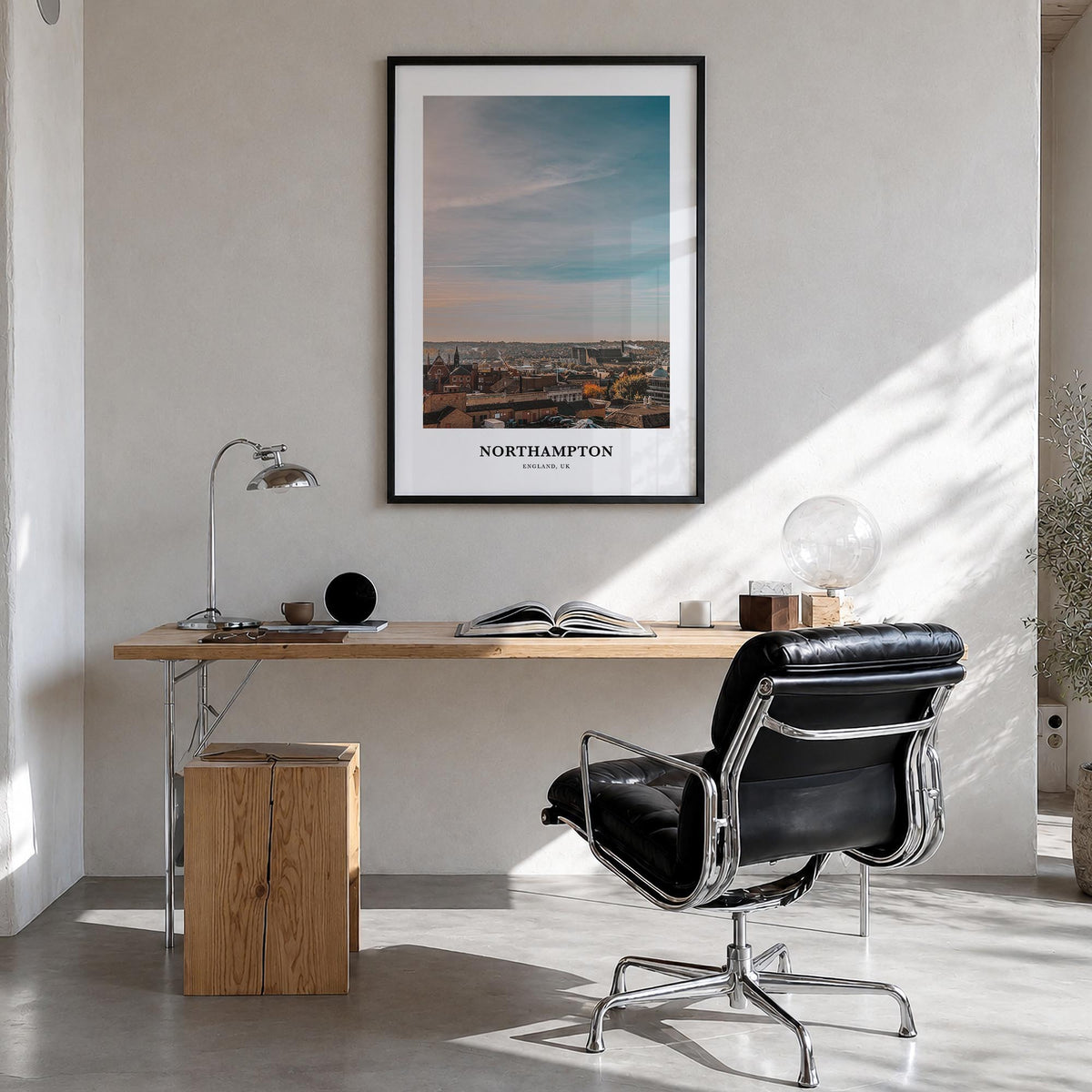 Northampton colorful classic poster of United Kingdom – vertical wall art in black wood frame, hanging on wall
