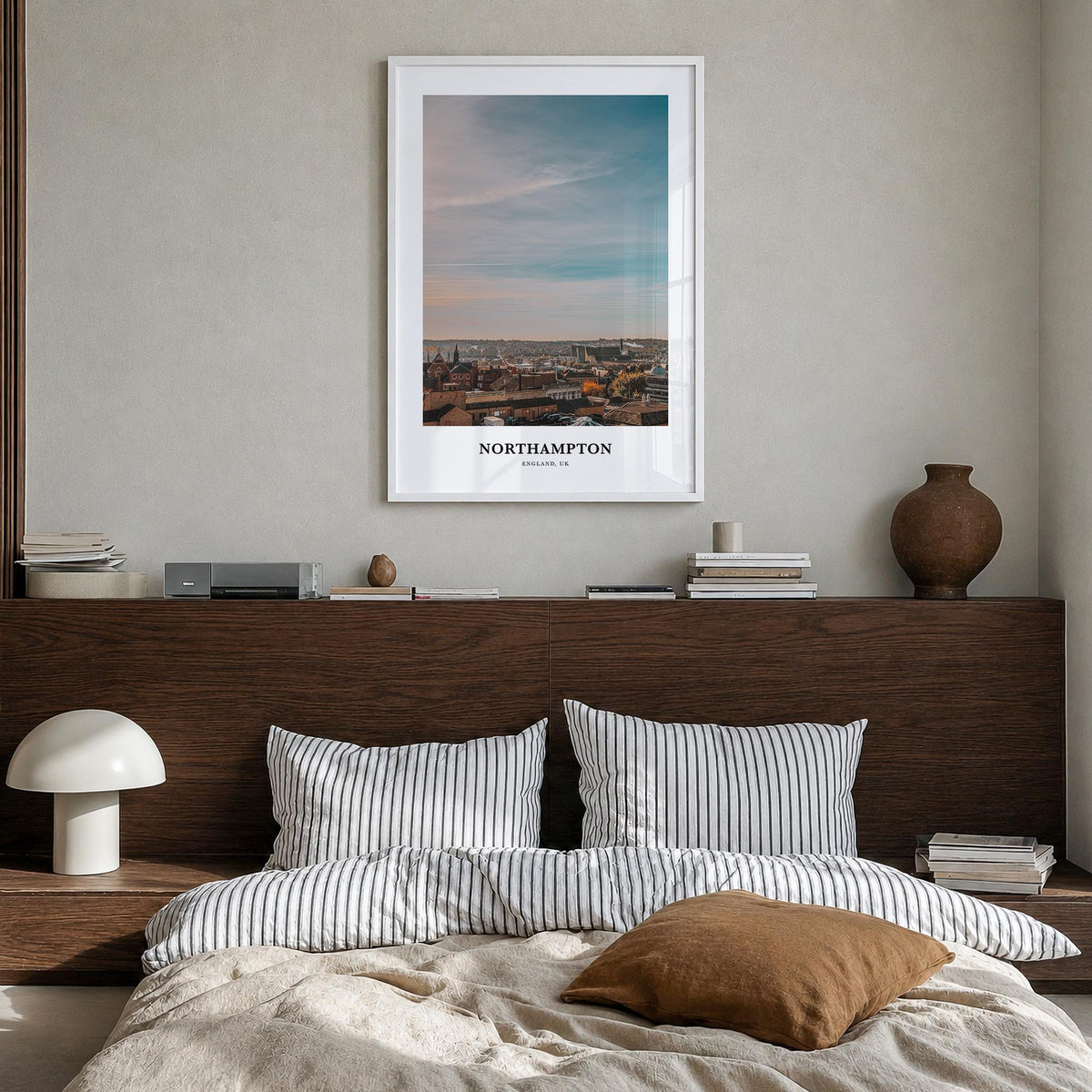 Northampton colorful classic poster of United Kingdom – vertical wall art in white wood frame, hanging on wall