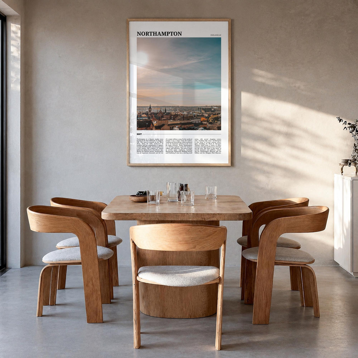Northampton colorful travel poster of United Kingdom – vertical wall art in natural wood frame, hanging on wall