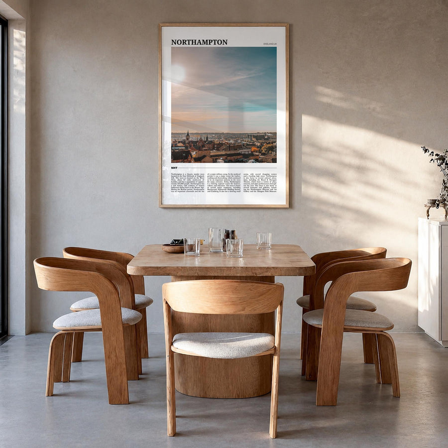 Northampton colorful travel poster of United Kingdom – vertical wall art in natural wood frame, hanging on wall