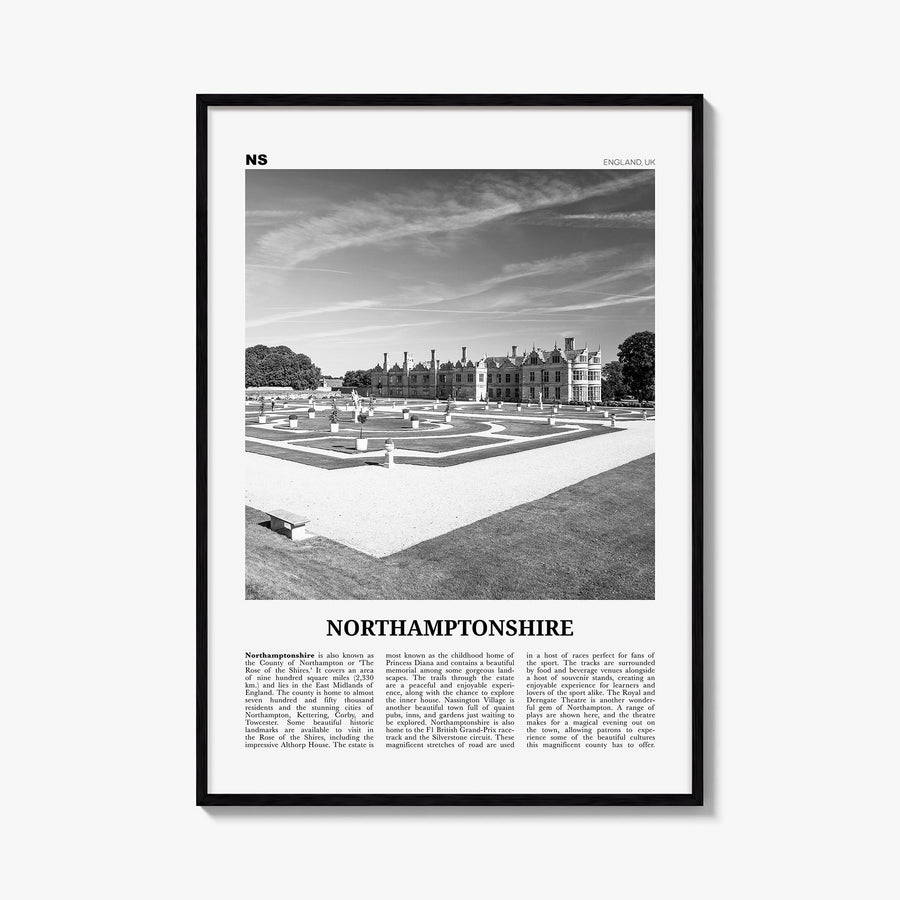 Northamptonshire black & white newspaper poster of United Kingdom – vertical wall art, unframed print shown in interior mocku