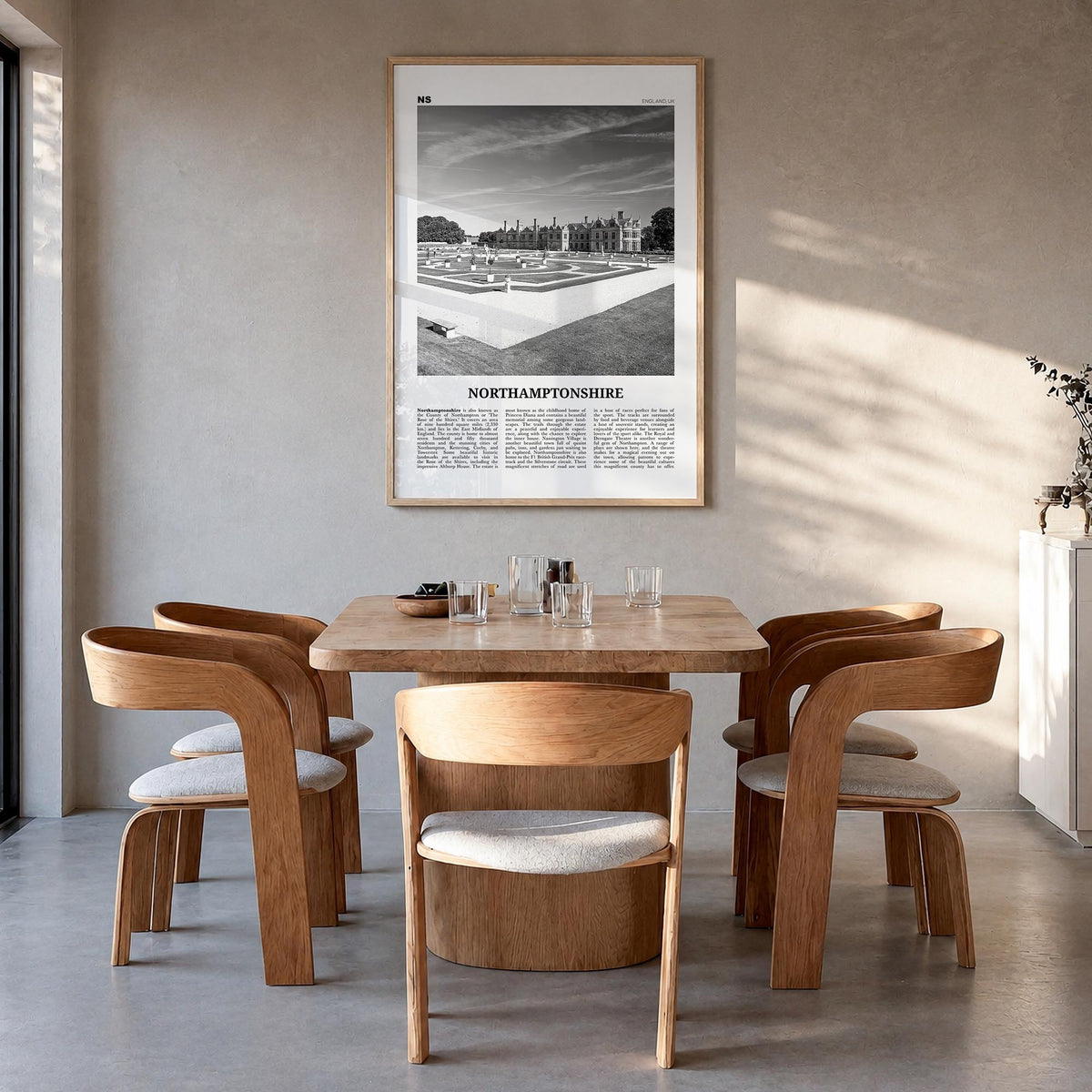 Northamptonshire black & white newspaper poster of United Kingdom – vertical wall art in natural wood frame, hanging on wall