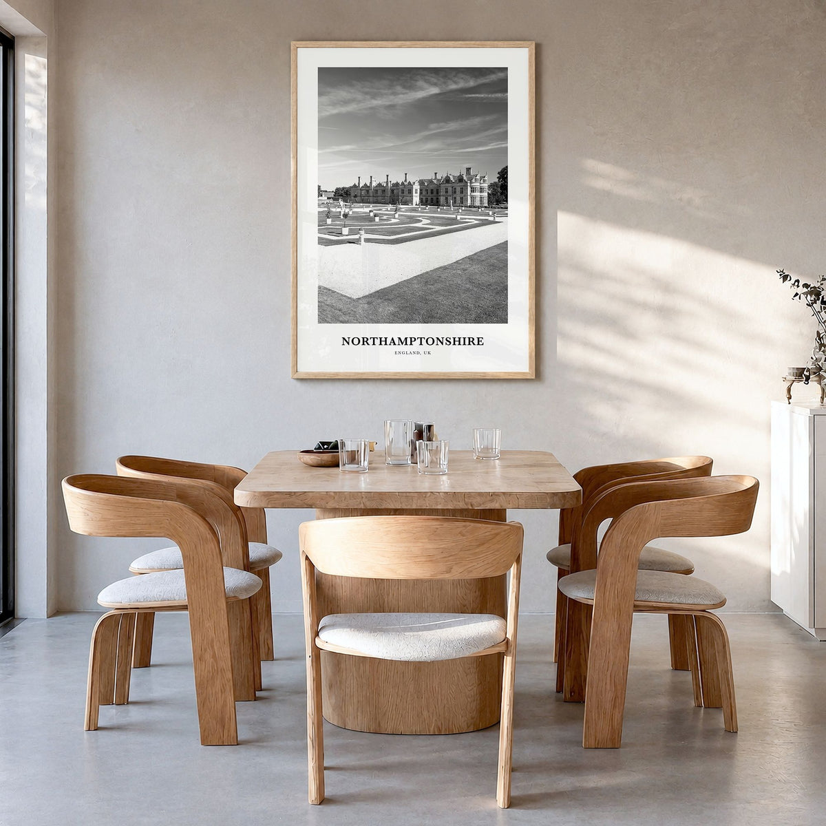 Northamptonshire Classic Poster in a natural wood frame, hanging in a dining room