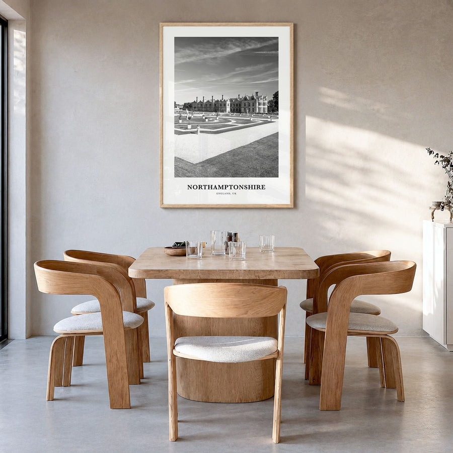 Northamptonshire Classic Poster in a natural wood frame, hanging in a dining room
