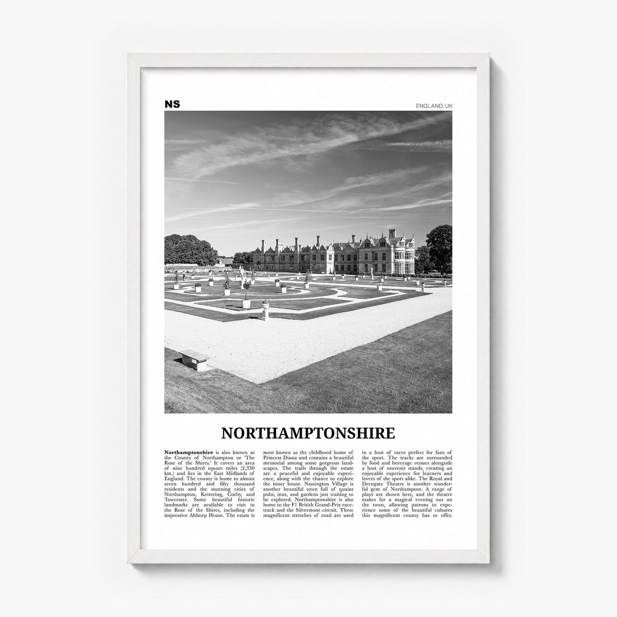 Northamptonshire Newspaper Poster in a white wood frame