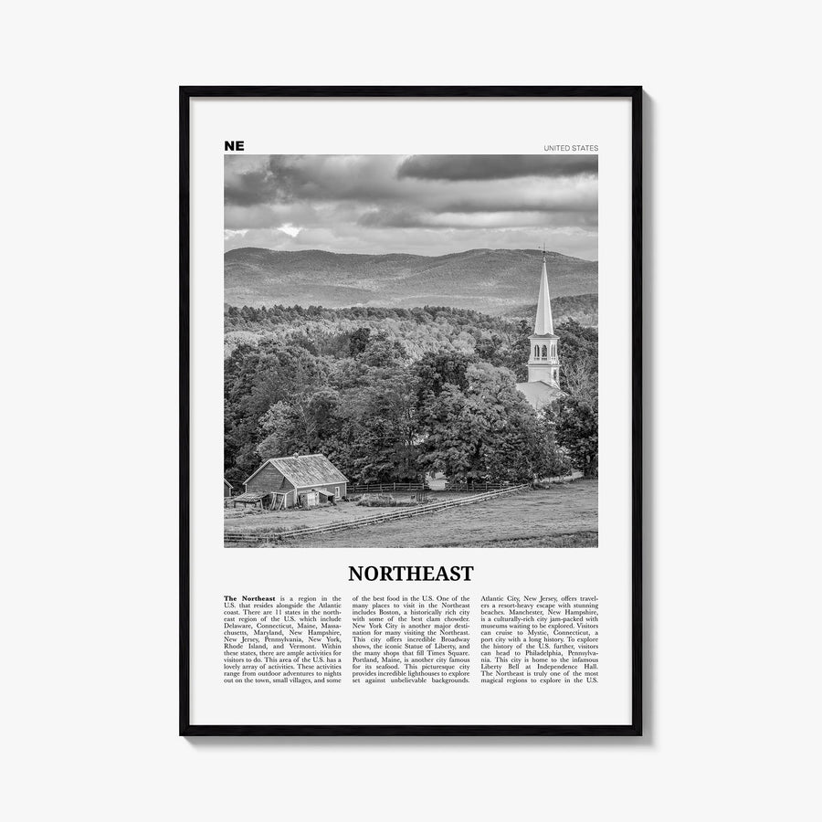 Northeast black & white newspaper poster of United States – vertical wall art, unframed print shown in interior mockup