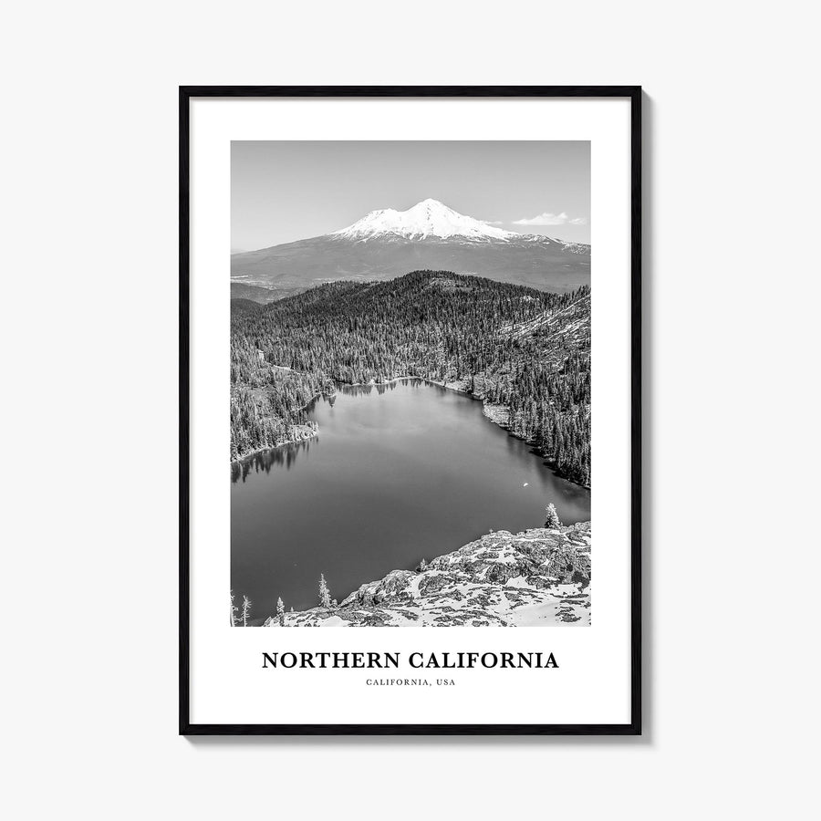Northern California black & white classic poster of California, USA – vertical wall art, unframed print shown in interior moc