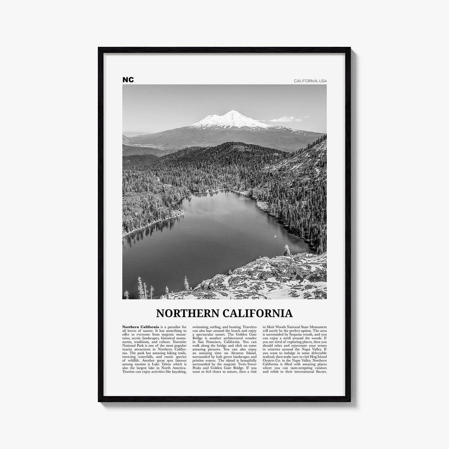 Northern California black & white newspaper poster of California, USA – vertical wall art, unframed print shown in interior m