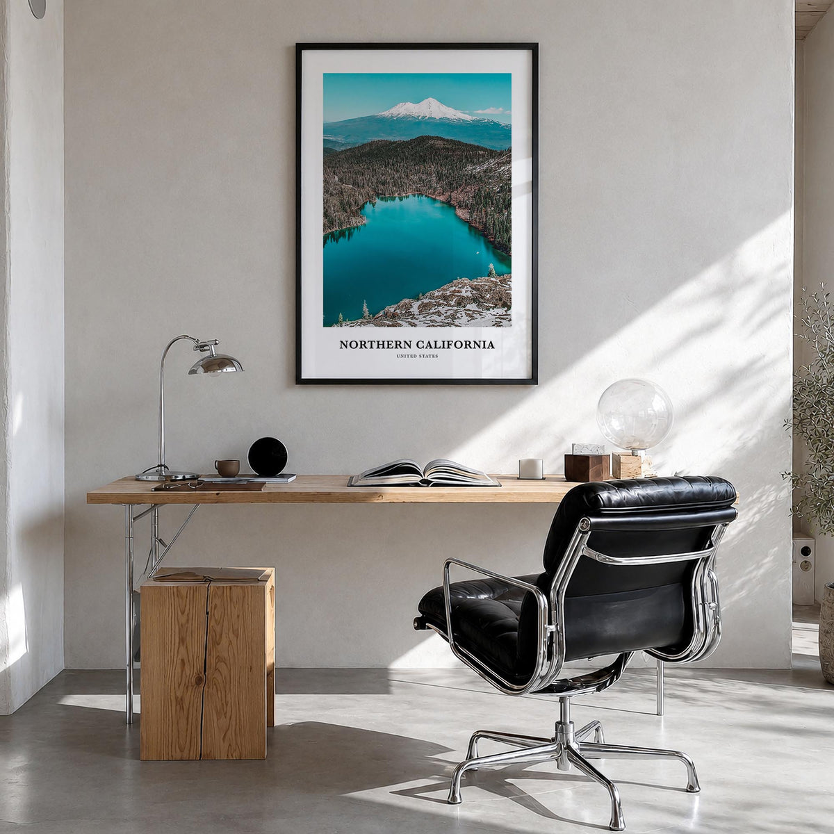 Northern California colorful classic poster of California, USA – vertical wall art in black wood frame, hanging on wall