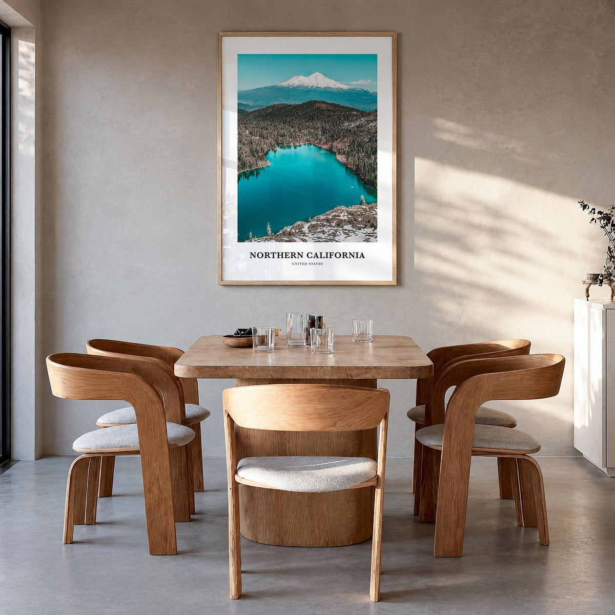 Northern California colorful classic poster of California, USA – vertical wall art in natural wood frame, hanging on wall