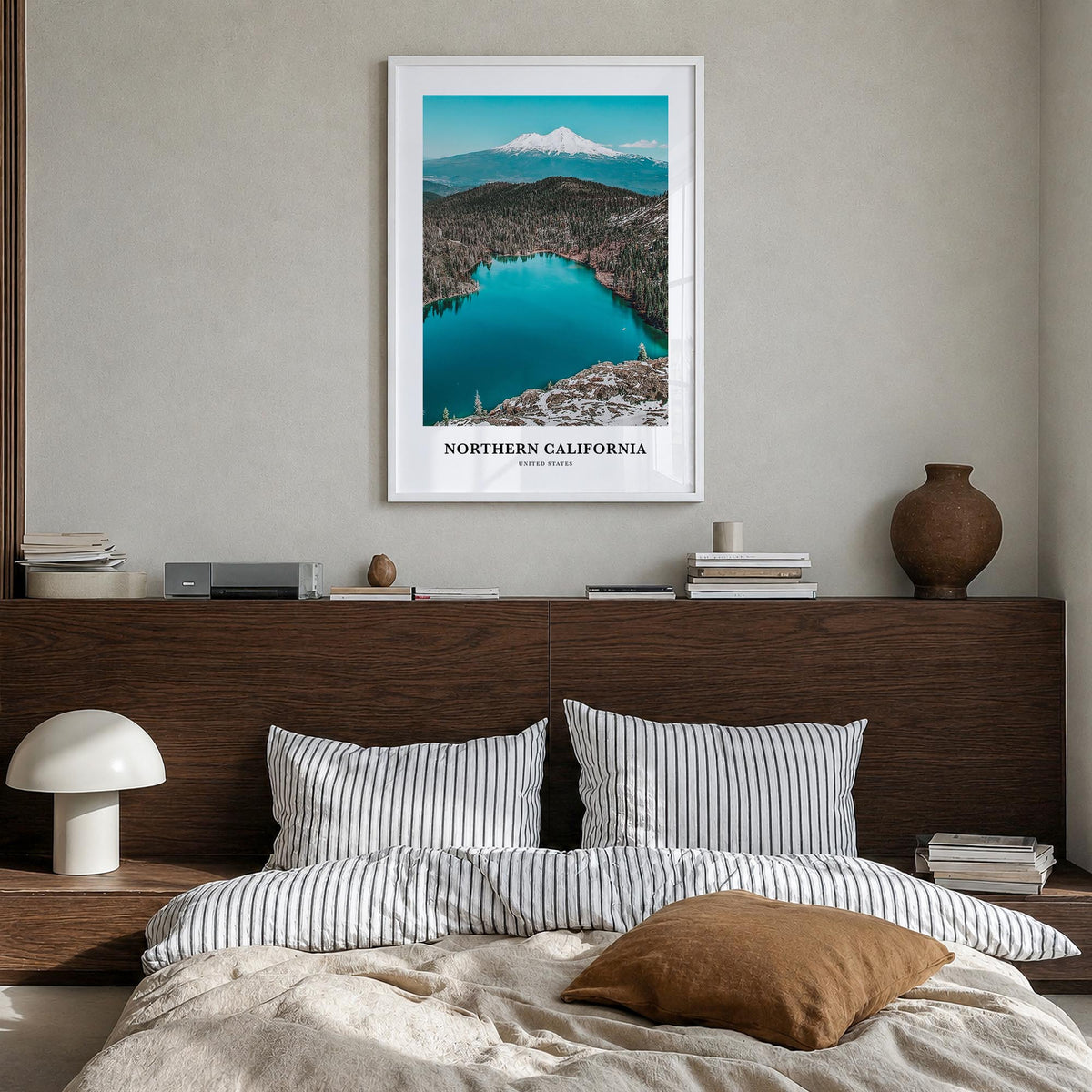 Northern California colorful classic poster of California, USA – vertical wall art in white wood frame, hanging on wall