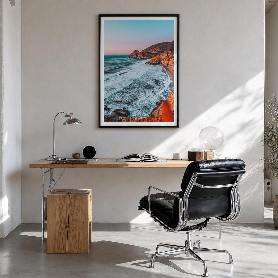 Northern California colorful photo poster of California, USA – vertical wall art in black wood frame with white border, hangi