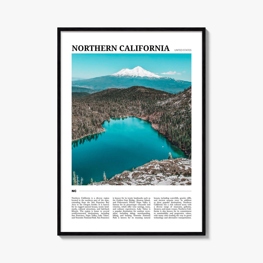 Northern California colorful travel poster of California, USA – vertical wall art, unframed print shown in interior mockup