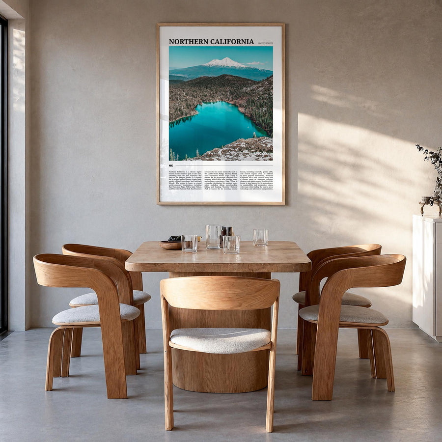 Northern California colorful travel poster of California, USA – vertical wall art in natural wood frame, hanging on wall